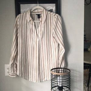 Blouse; Beige with brown and black stripes